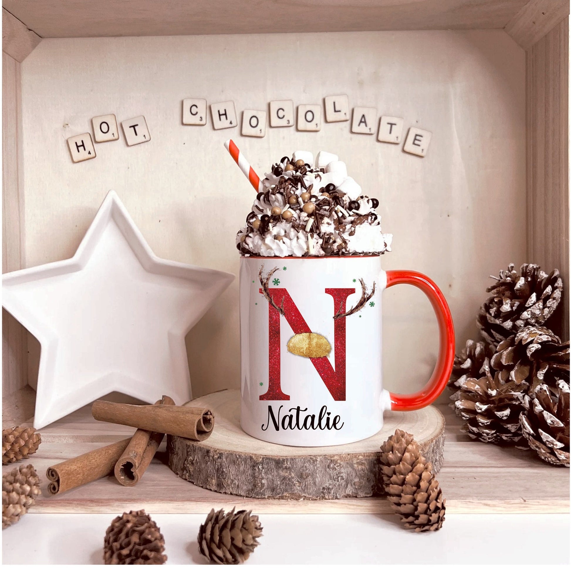 Reindeer Christmas Mug, Personalised Hot Chocolate Mug, Name Reindeer Christmas Eve Mug,Personalised Reindeer Initial Christmas