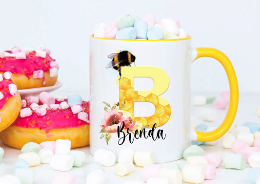 Personalised Bee Initial Mug, Bee Mug Gift Set, Bee Alphabet Mug, Personalised Mug Set, Secret Santa Gift