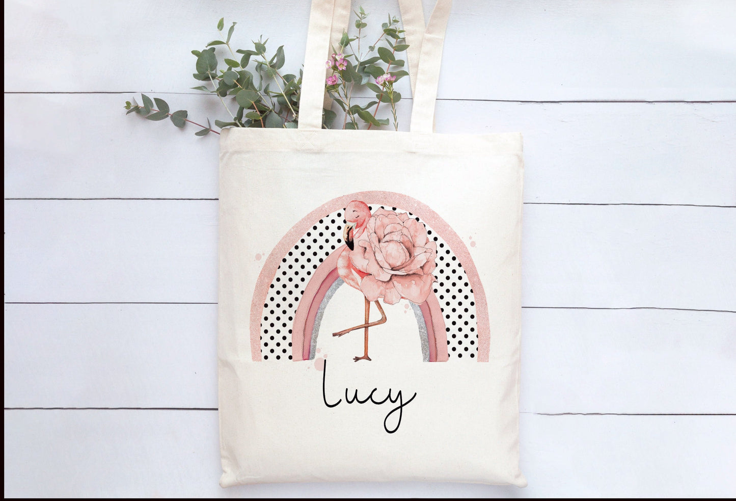 Flamingo Tote Bag, Personalised Flamingo Rainbow Design Tote Bag, Personalised Tote Bag Gift, Personalised Shopping Bag, Secret Santa Gift