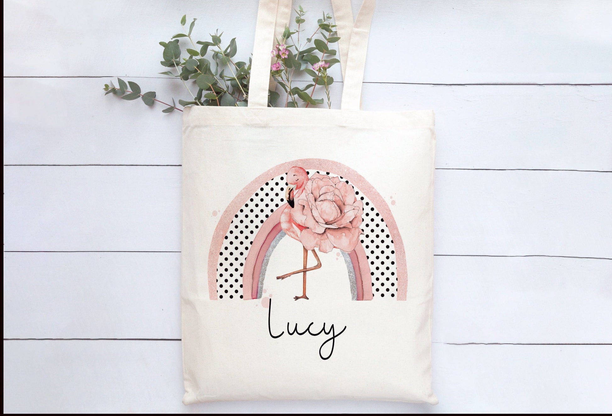 Flamingo Tote Bag, Personalised Flamingo Rainbow Design Tote Bag, Personalised Tote Bag Gift, Personalised Shopping Bag, Secret Santa Gift