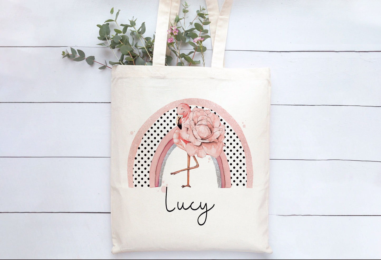 Flamingo Tote Bag, Personalised Flamingo Rainbow Design Tote Bag, Personalised Tote Bag Gift, Personalised Shopping Bag, Secret Santa Gift