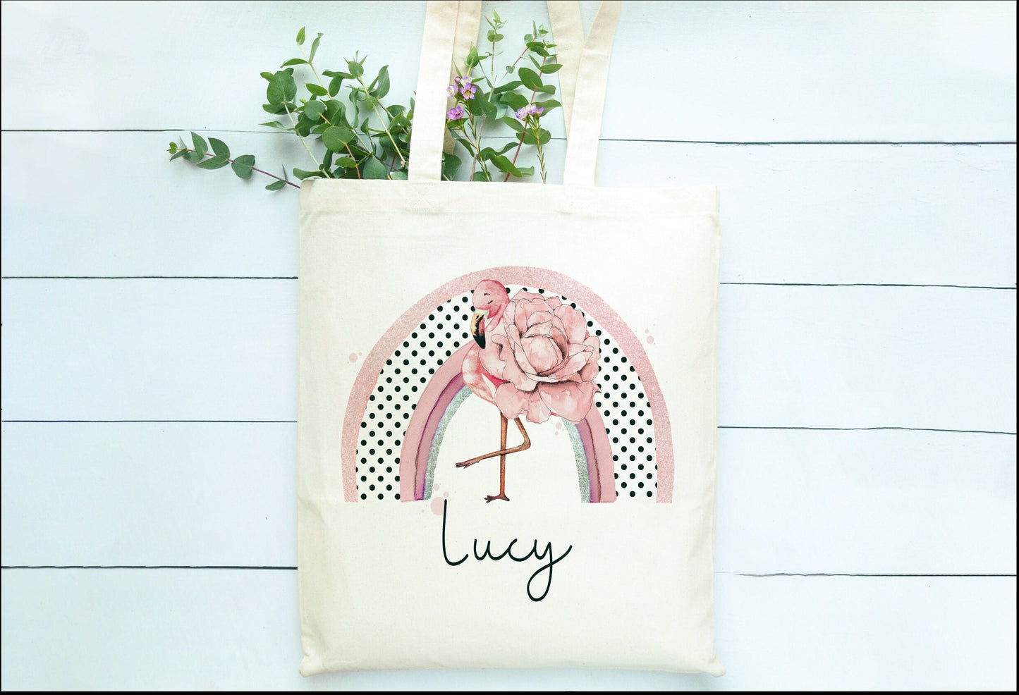 Flamingo Tote Bag, Personalised Flamingo Rainbow Design Tote Bag, Personalised Tote Bag Gift, Personalised Shopping Bag, Secret Santa Gift