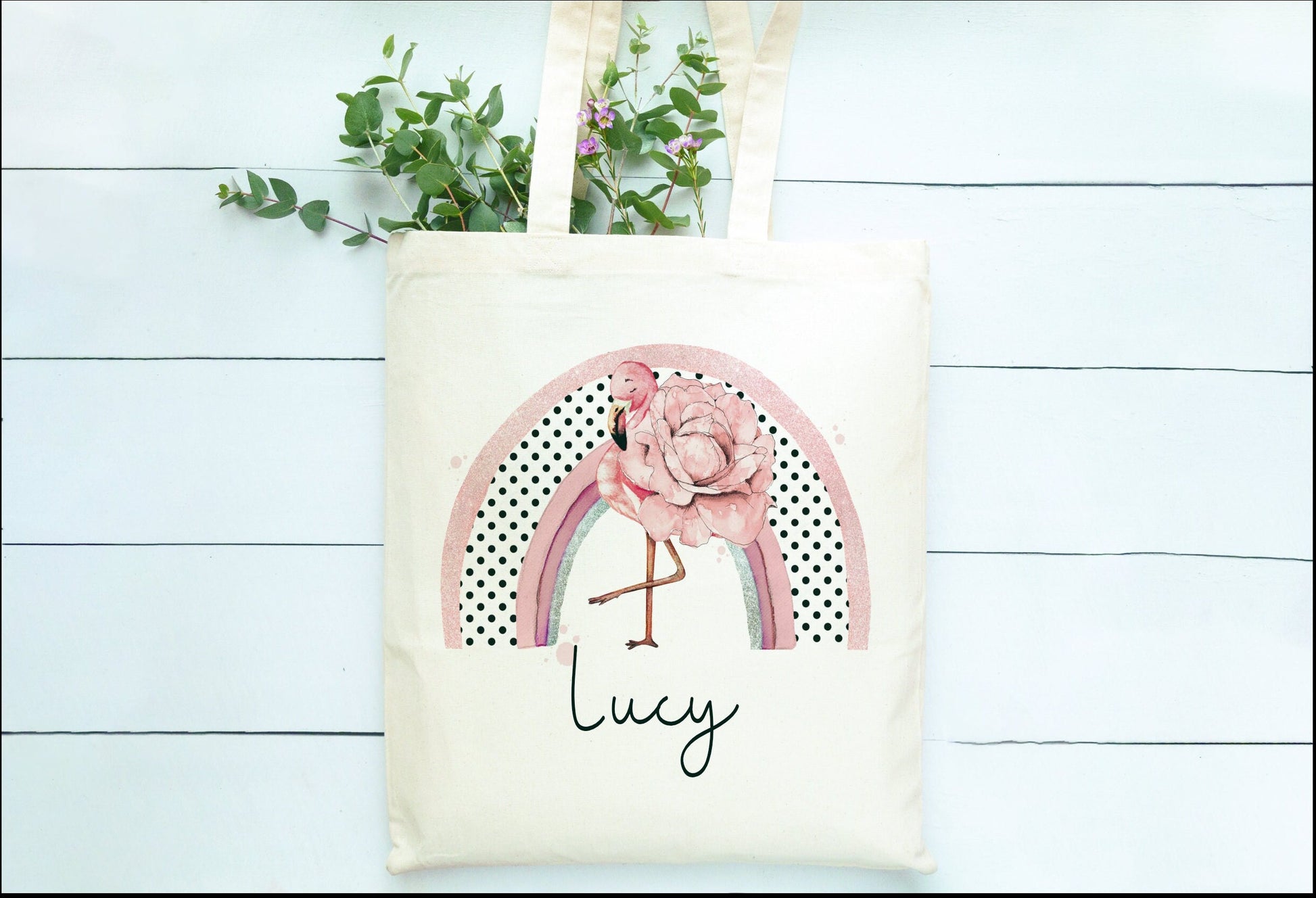 Flamingo Tote Bag, Personalised Flamingo Rainbow Design Tote Bag, Personalised Tote Bag Gift, Personalised Shopping Bag, Secret Santa Gift
