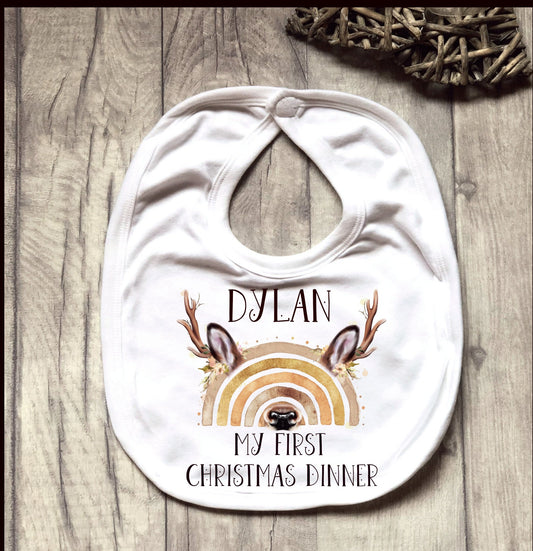 Personalised Babies 1st Xmas Dinner Bib, My First Christmas Dinner Bib, Baby's First Xmas Dinner Bib, Reindeer Rainbow Christmas Dinner Bib