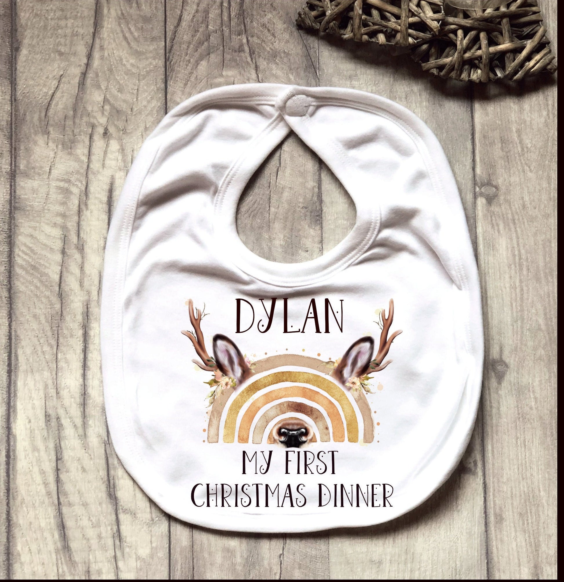 Personalised Babies 1st Xmas Dinner Bib, My First Christmas Dinner Bib, Baby's First Xmas Dinner Bib, Reindeer Rainbow Christmas Dinner Bib