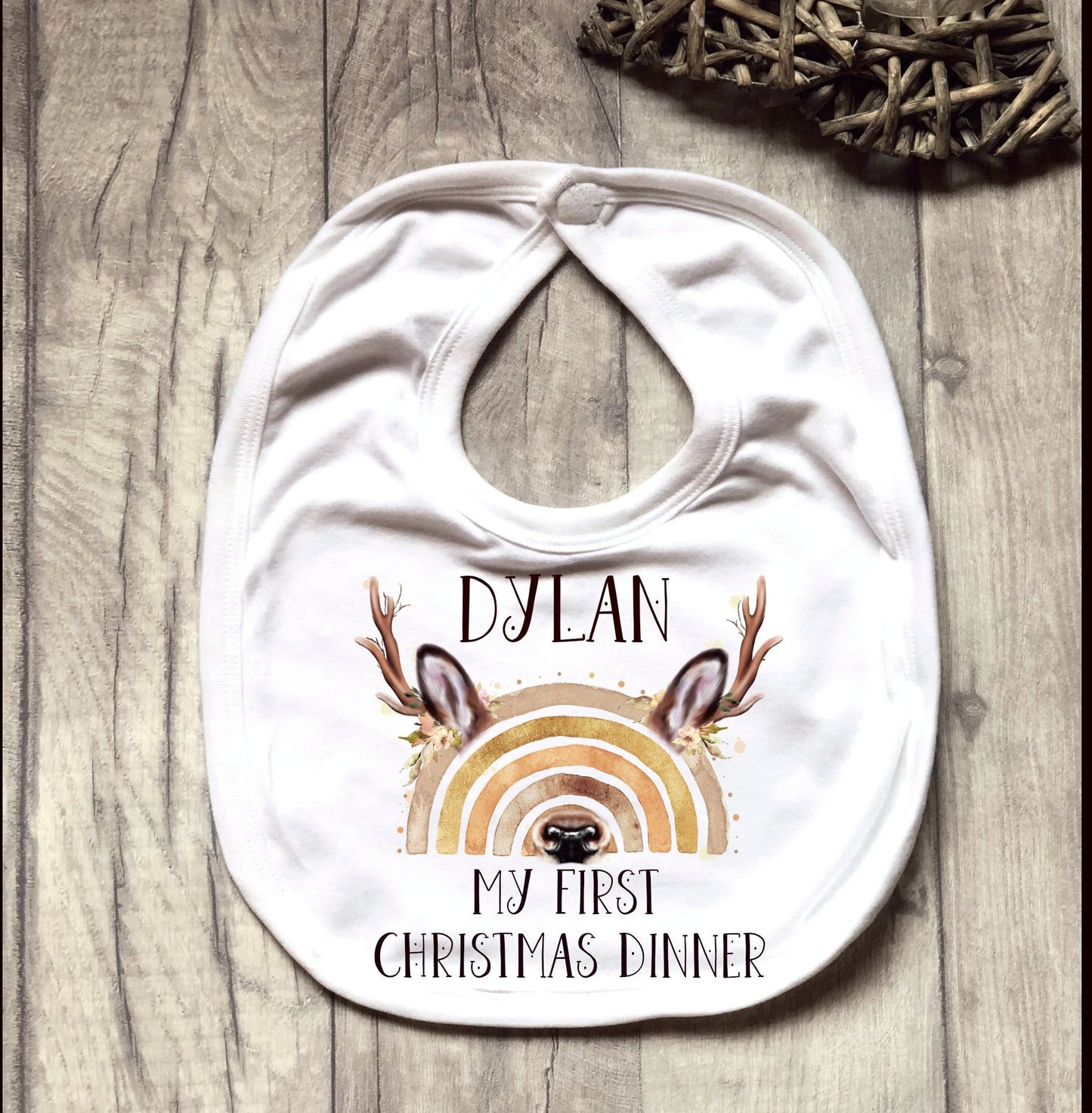 Personalised Babies 1st Xmas Dinner Bib, My First Christmas Dinner Bib, Baby's First Xmas Dinner Bib, Reindeer Rainbow Christmas Dinner Bib