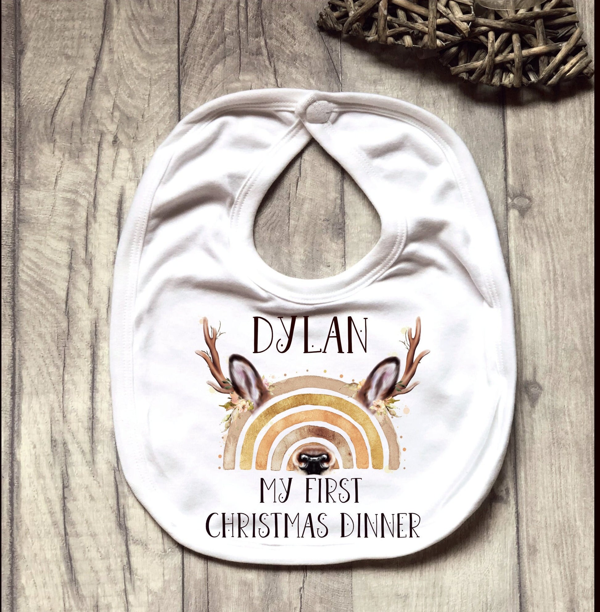 Personalised Babies 1st Xmas Dinner Bib, My First Christmas Dinner Bib, Baby's First Xmas Dinner Bib, Reindeer Rainbow Christmas Dinner Bib