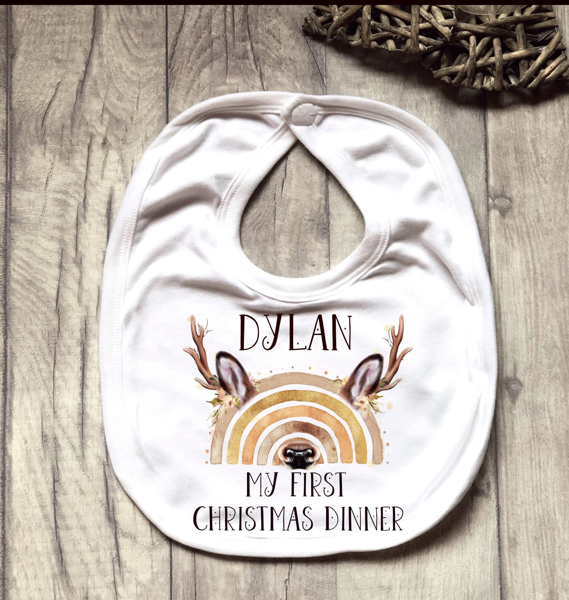 Personalised Babies 1st Xmas Dinner Bib, My First Christmas Dinner Bib, Baby's First Xmas Dinner Bib, Reindeer Rainbow Christmas Dinner Bib