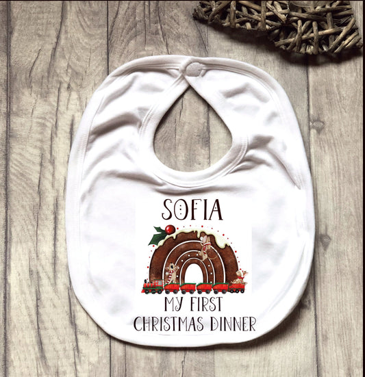 Personalised Babies 1st Xmas Dinner Bib, My First Christmas Dinner Bib, Baby's First Xmas Dinner Bib, Reindeer Rainbow Christmas Dinner Bib