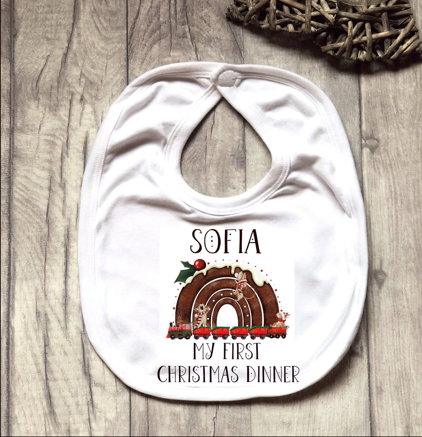 Personalised Babies 1st Xmas Dinner Bib, My First Christmas Dinner Bib, Baby's First Xmas Dinner Bib, Reindeer Rainbow Christmas Dinner Bib