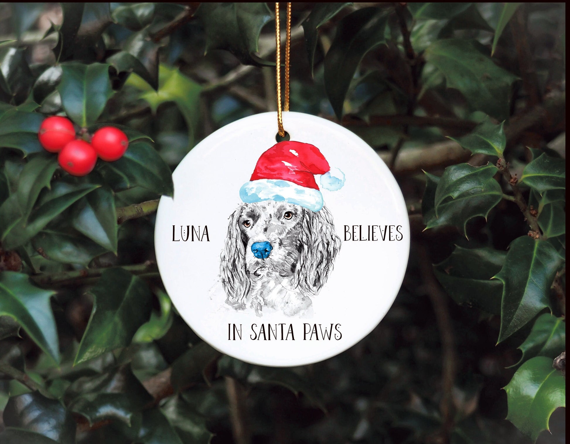 Personalised Dog Bauble, Santa Paws Christmas Tree Decoration, Pet Christmas Bauble, Personalised Dog Ornament, Springer Spaniel Bauble