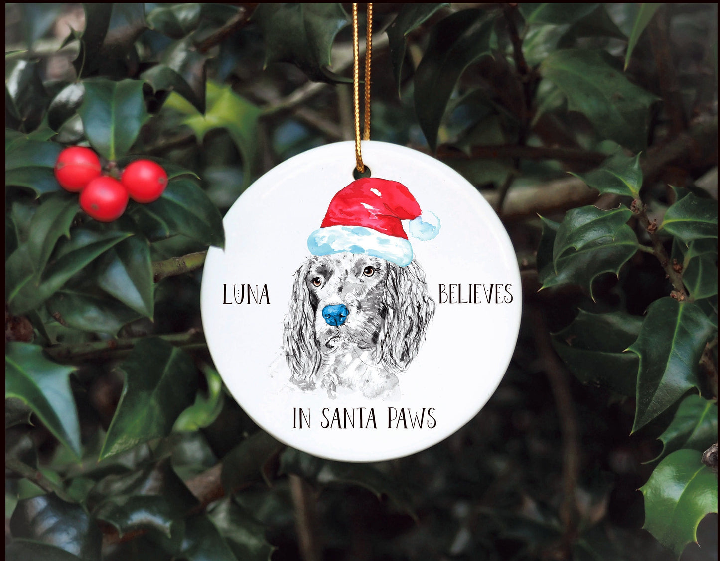Personalised Dog Bauble, Santa Paws Christmas Tree Decoration, Pet Christmas Bauble, Personalised Dog Ornament, Springer Spaniel Bauble
