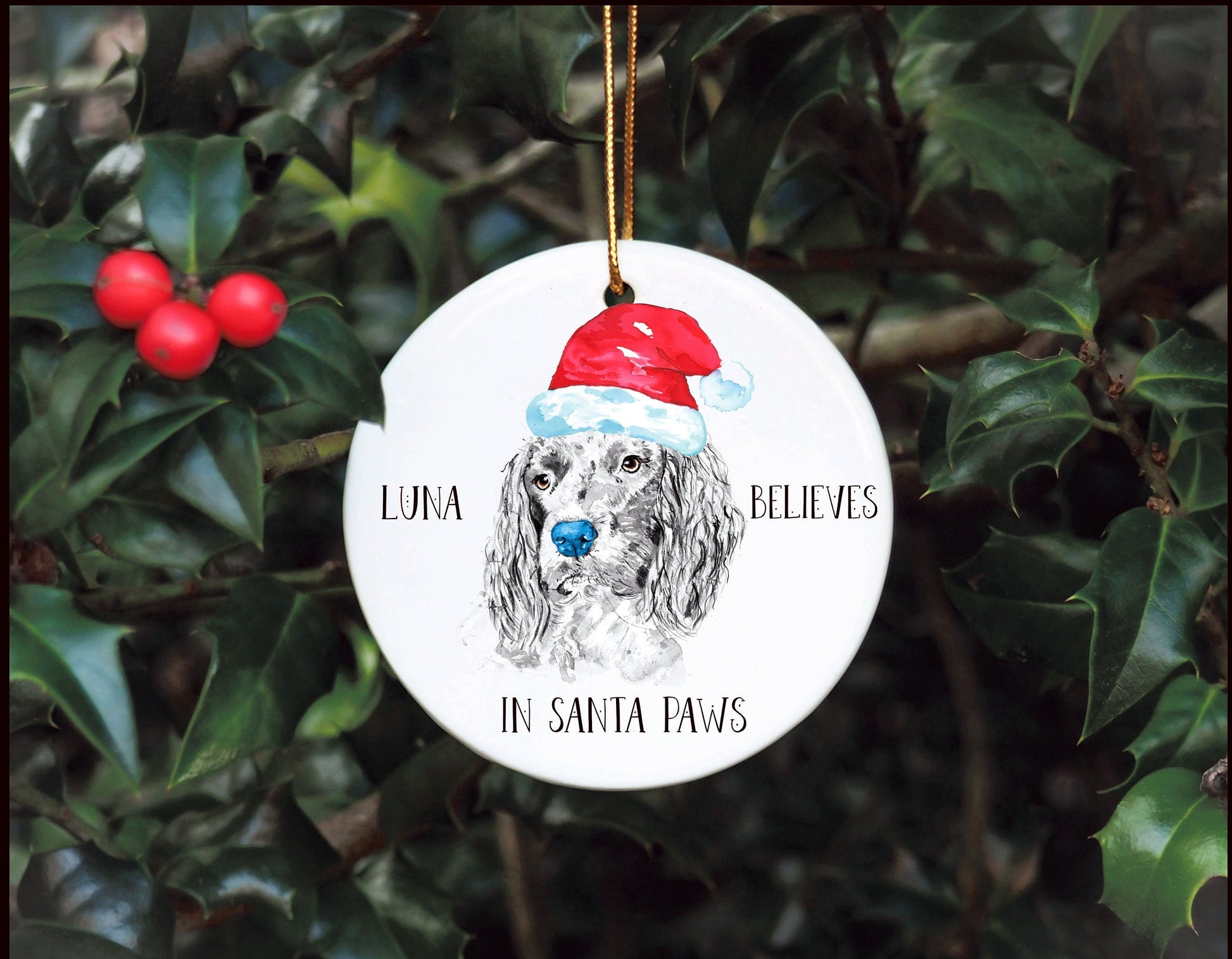 Personalised Dog Bauble, Santa Paws Christmas Tree Decoration, Pet Christmas Bauble, Personalised Dog Ornament, Springer Spaniel Bauble