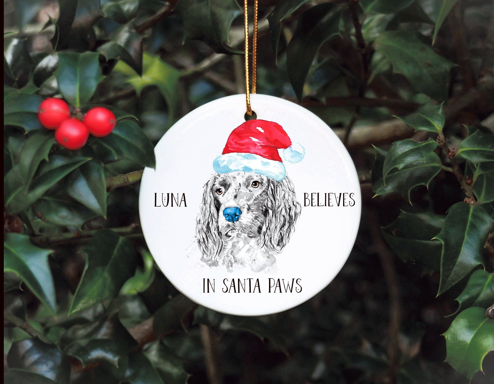 Personalised Dog Bauble, Santa Paws Christmas Tree Decoration, Pet Christmas Bauble, Personalised Dog Ornament, Springer Spaniel Bauble