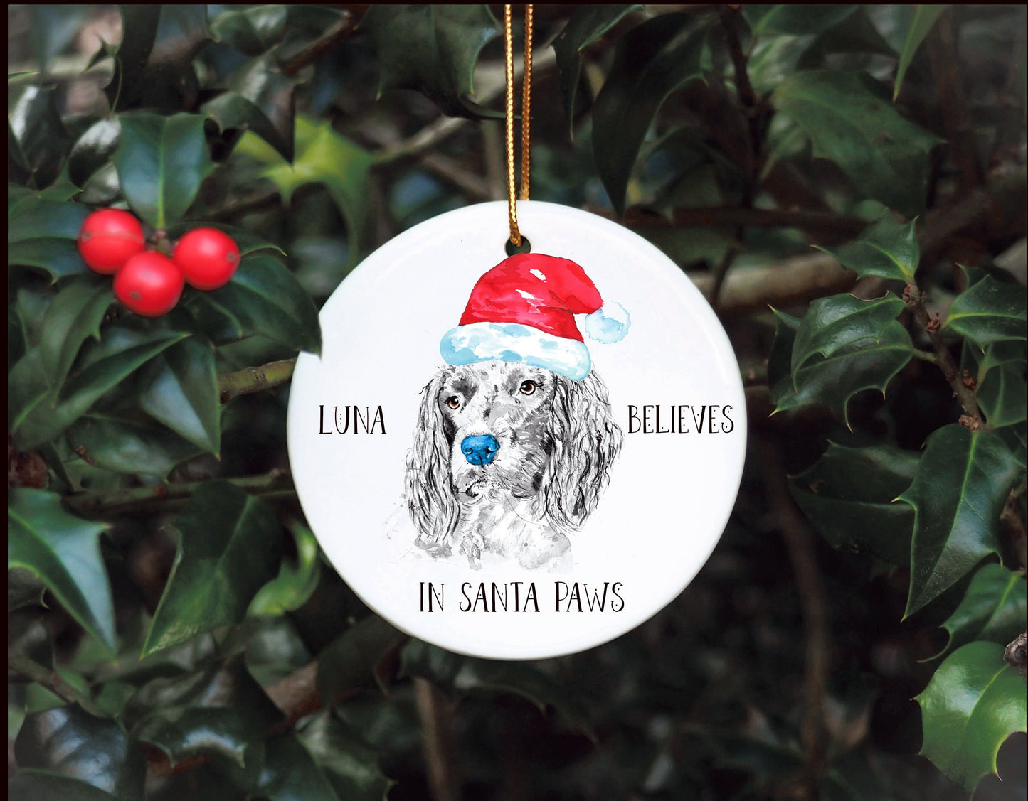 Personalised Dog Bauble, Santa Paws Christmas Tree Decoration, Pet Christmas Bauble, Personalised Dog Ornament, Springer Spaniel Bauble