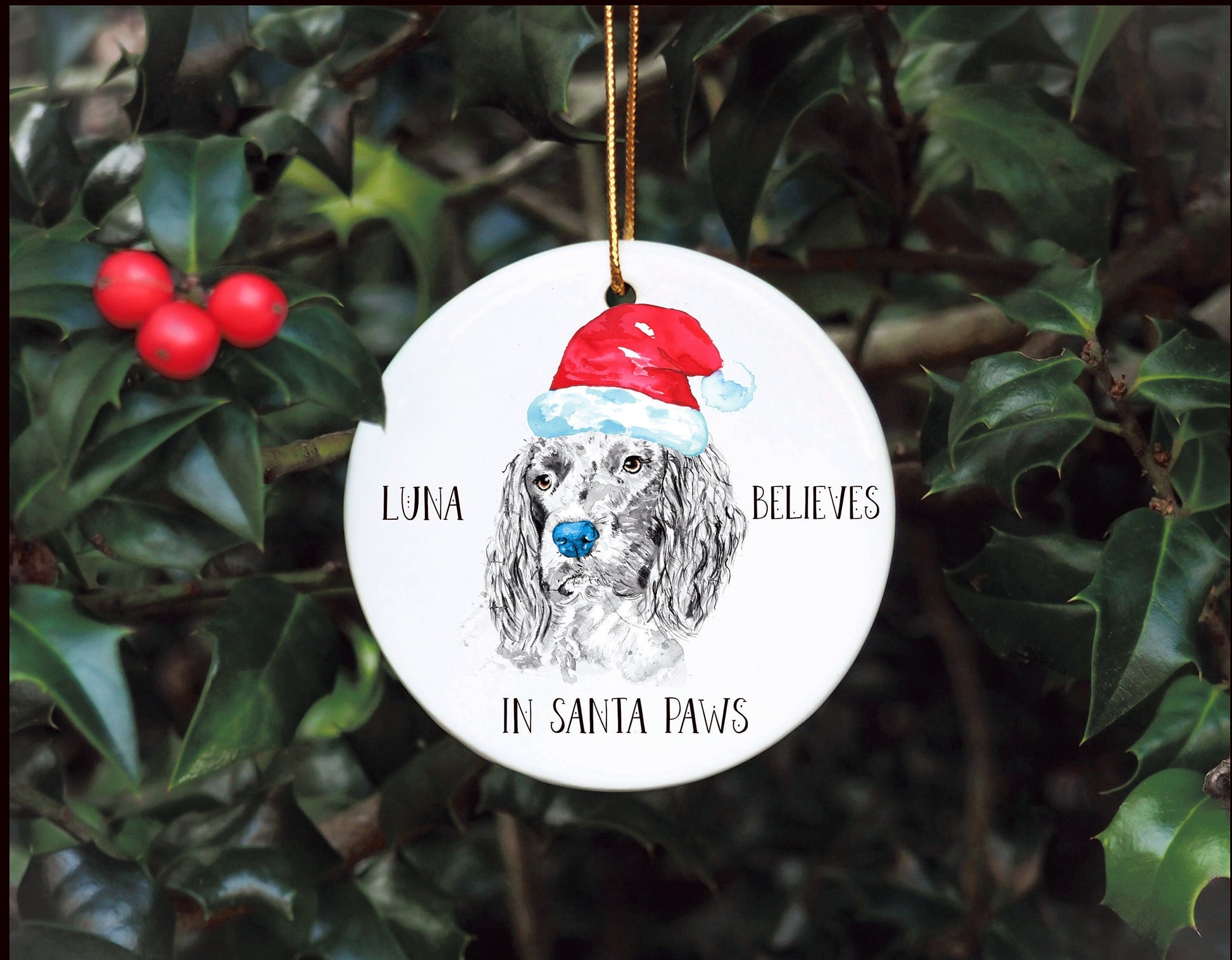 Personalised Dog Bauble, Santa Paws Christmas Tree Decoration, Pet Christmas Bauble, Personalised Dog Ornament, Springer Spaniel Bauble