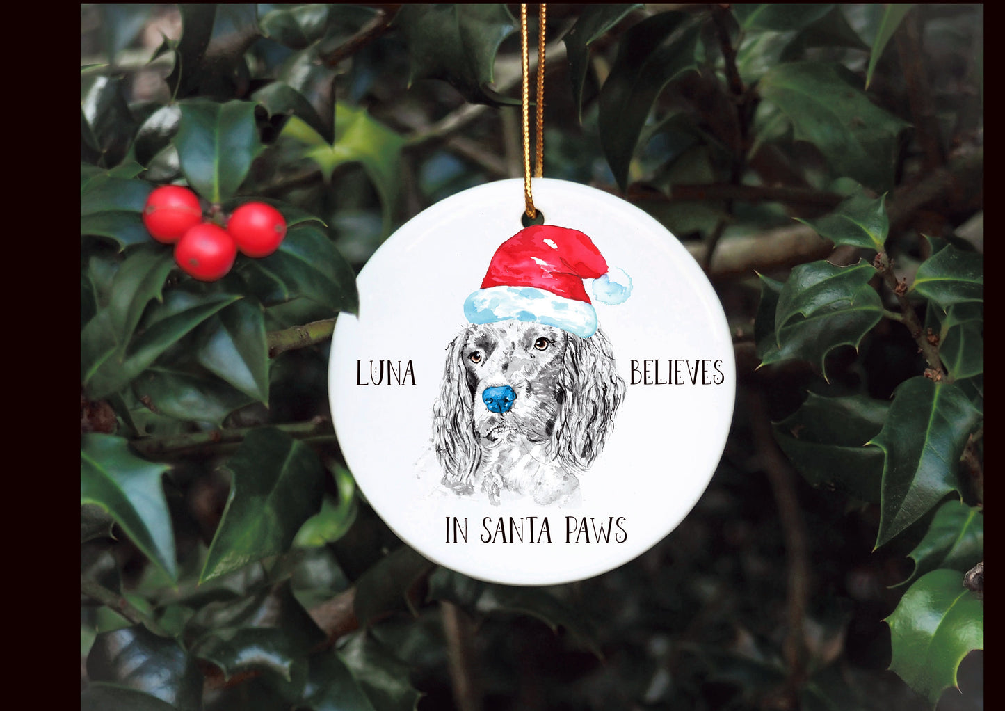 Personalised Dog Bauble, Santa Paws Christmas Tree Decoration, Pet Christmas Bauble, Personalised Dog Ornament, Springer Spaniel Bauble