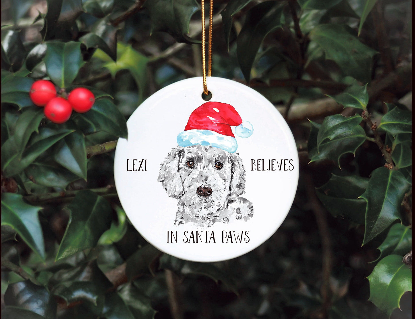 Personalised Dog Bauble, Santa Paws Christmas Tree Decoration, Pet Christmas Bauble, Personalised Dog Ornament, Cockapoo Bauble