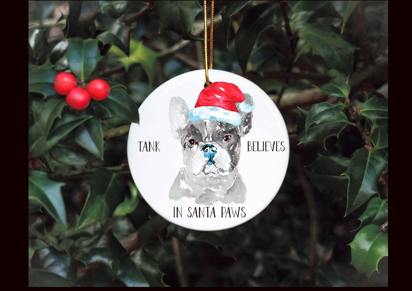 Personalised Dog Bauble, Santa Paws Christmas Tree Decoration, Pet Christmas Bauble, Personalised Dog Ornament, French Bulldog Bauble