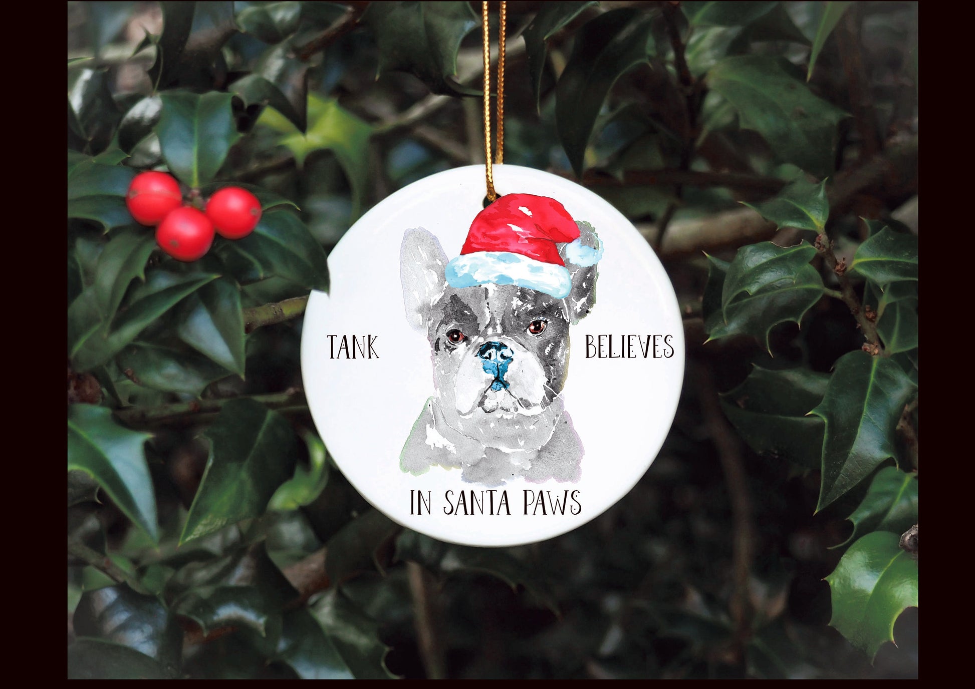 Personalised Dog Bauble, Santa Paws Christmas Tree Decoration, Pet Christmas Bauble, Personalised Dog Ornament, French Bulldog Bauble