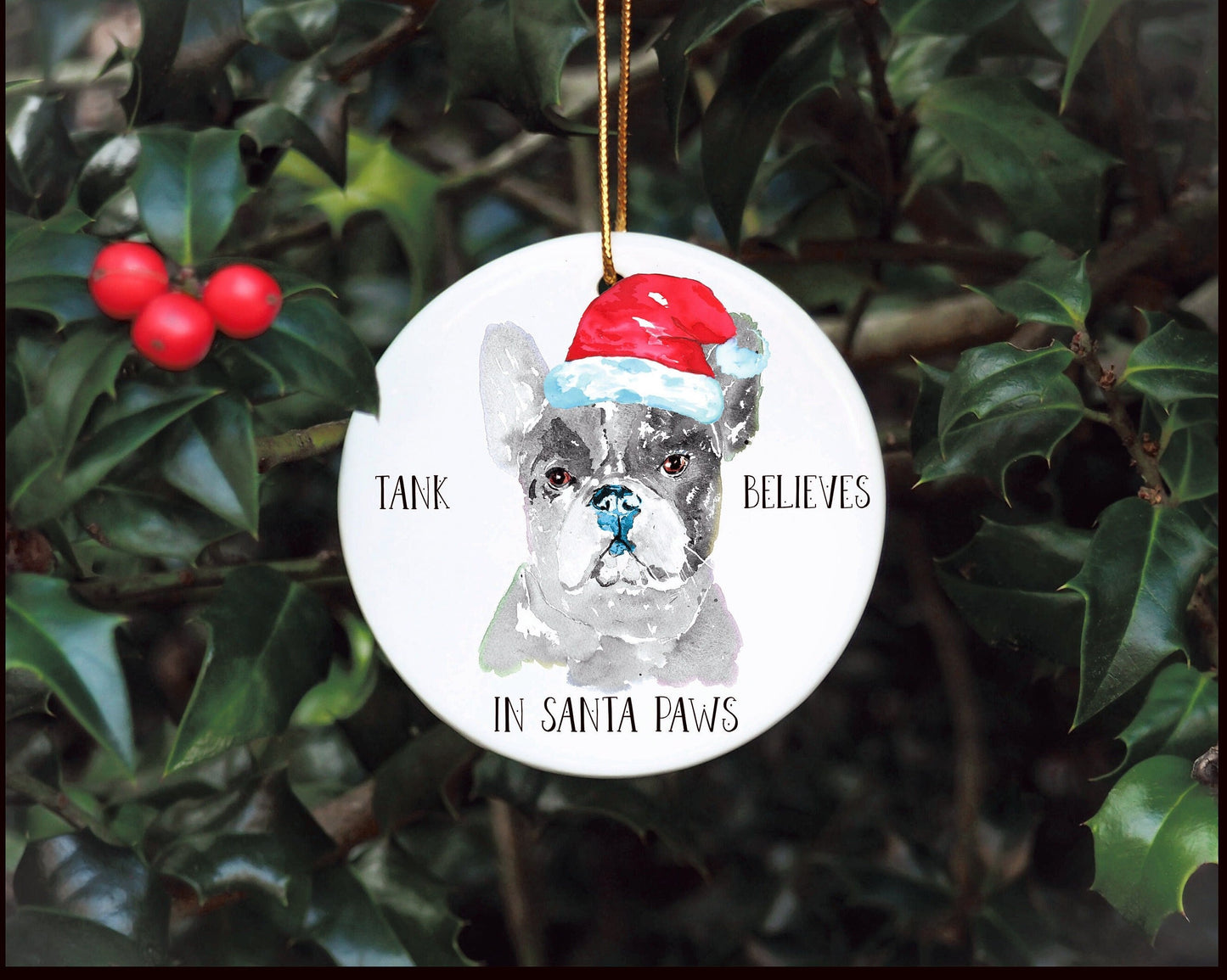 Personalised Dog Bauble, Santa Paws Christmas Tree Decoration, Pet Christmas Bauble, Personalised Dog Ornament, French Bulldog Bauble