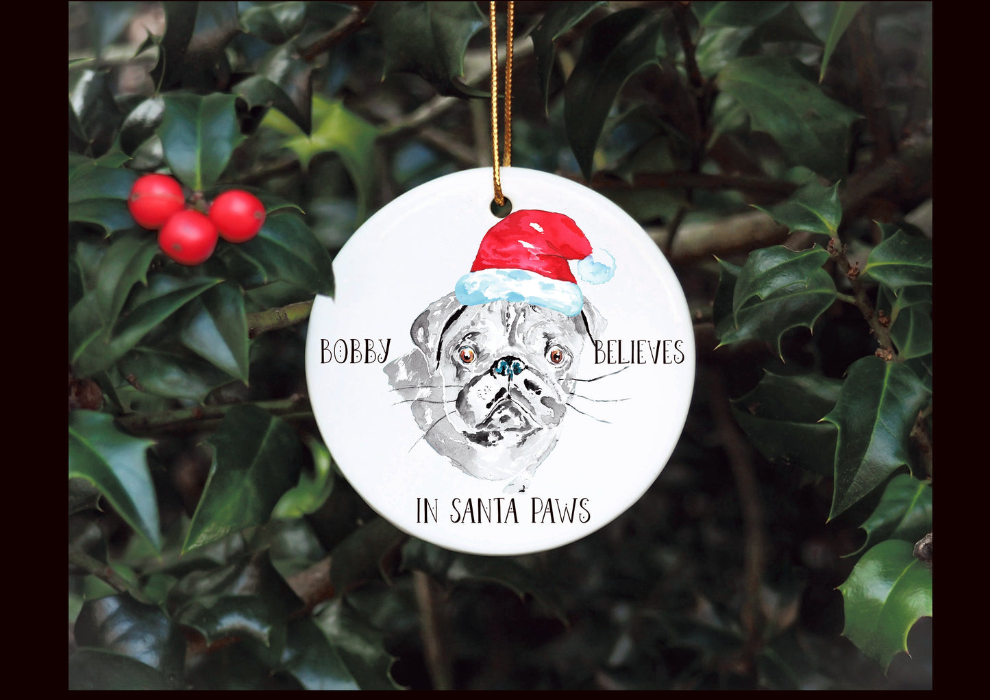 Personalised Dog Bauble, Santa Paws Christmas Tree Decoration, Pet Christmas Bauble, Personalised Dog Ornament, Pug Bauble