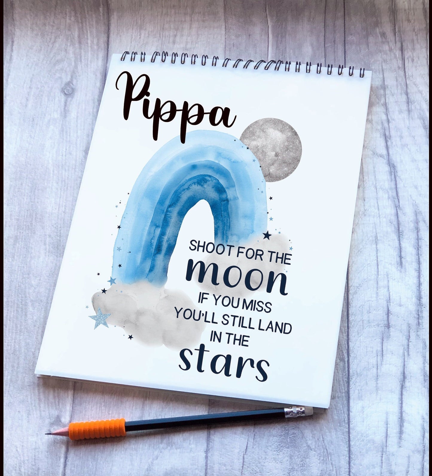 Kids Personalised Sketch Pad, Children’s Sketch Pad, Rainbow Moon Drawing Pad, Stocking Filler, Gift for Girls, Gifts For Boys