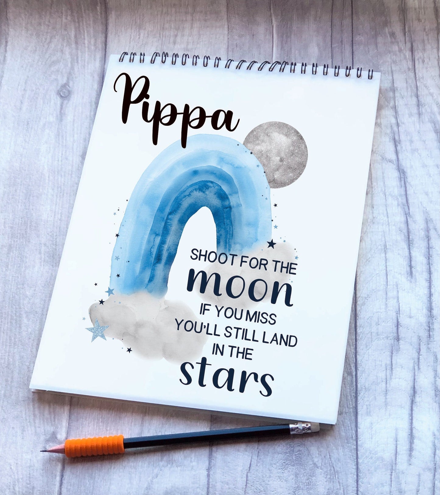 Kids Personalised Sketch Pad, Children’s Sketch Pad, Rainbow Moon Drawing Pad, Stocking Filler, Gift for Girls, Gifts For Boys