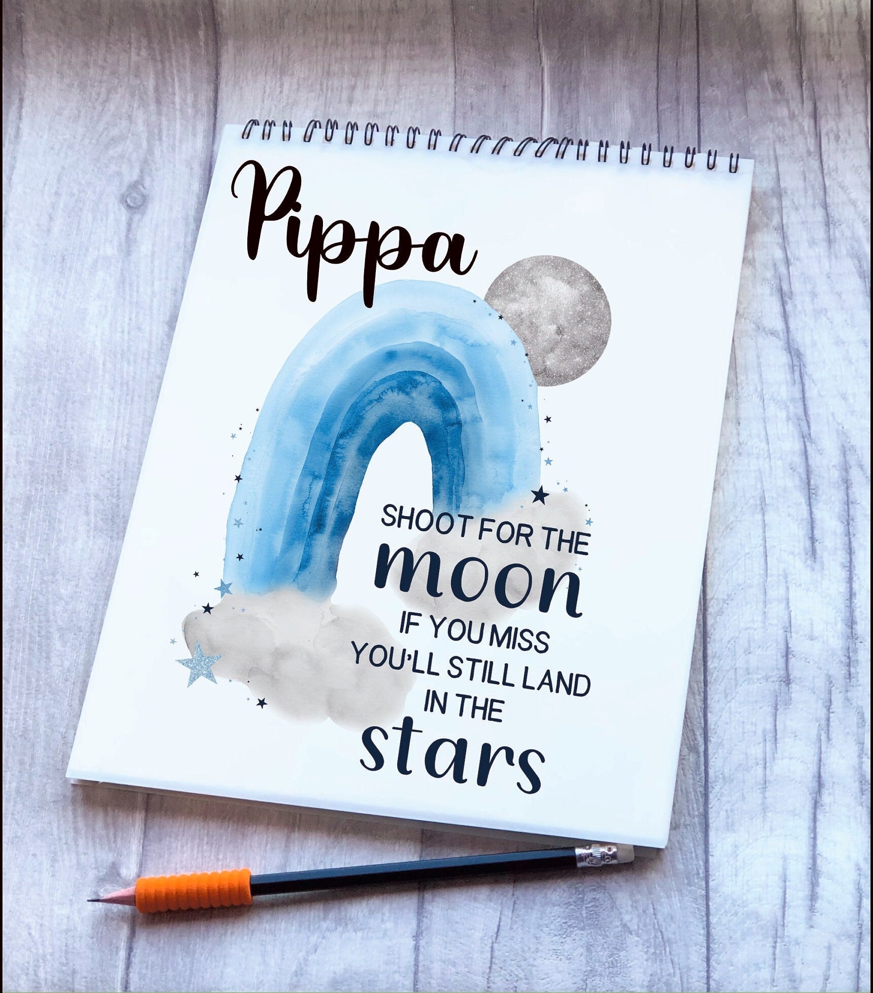 Kids Personalised Sketch Pad, Children’s Sketch Pad, Rainbow Moon Drawing Pad, Stocking Filler, Gift for Girls, Gifts For Boys