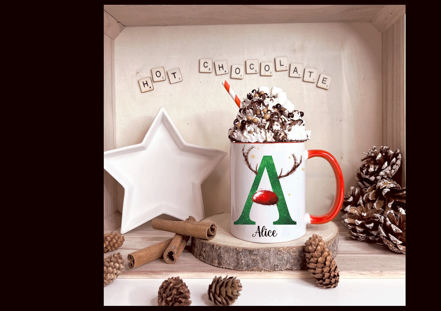 Reindeer Christmas Mug, Personalised Hot Chocolate Mug, Name Reindeer Christmas Eve Mug,Personalised Reindeer Initial Christmas