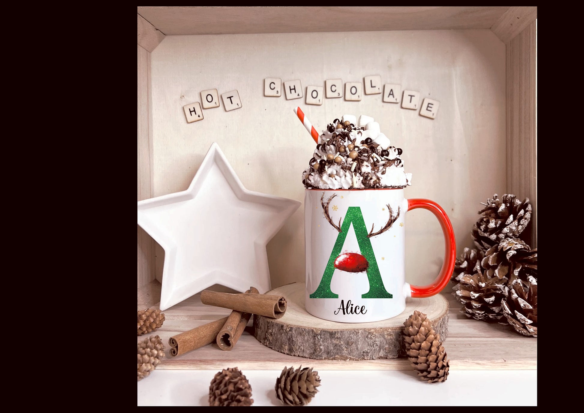 Reindeer Christmas Mug, Personalised Hot Chocolate Mug, Name Reindeer Christmas Eve Mug,Personalised Reindeer Initial Christmas