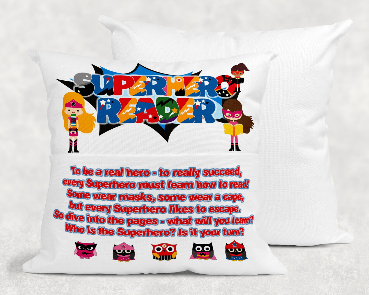Super Hero Book Cushion, Personalised Superhero Book Cushion, Super Hero Pillow Cover & Insert