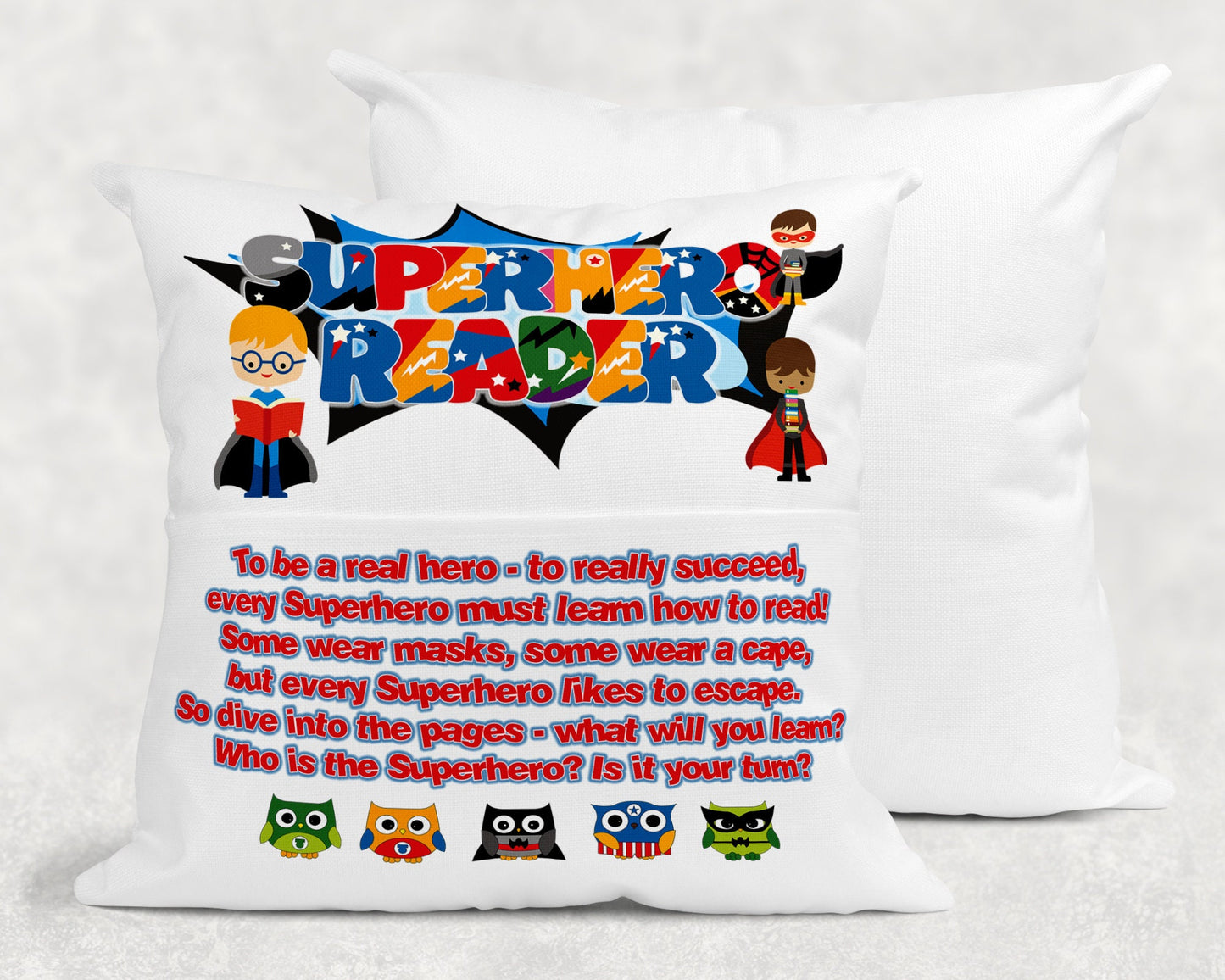 Super Hero Book Cushion, Personalised Superhero Book Cushion, Super Hero Pillow Cover & Insert