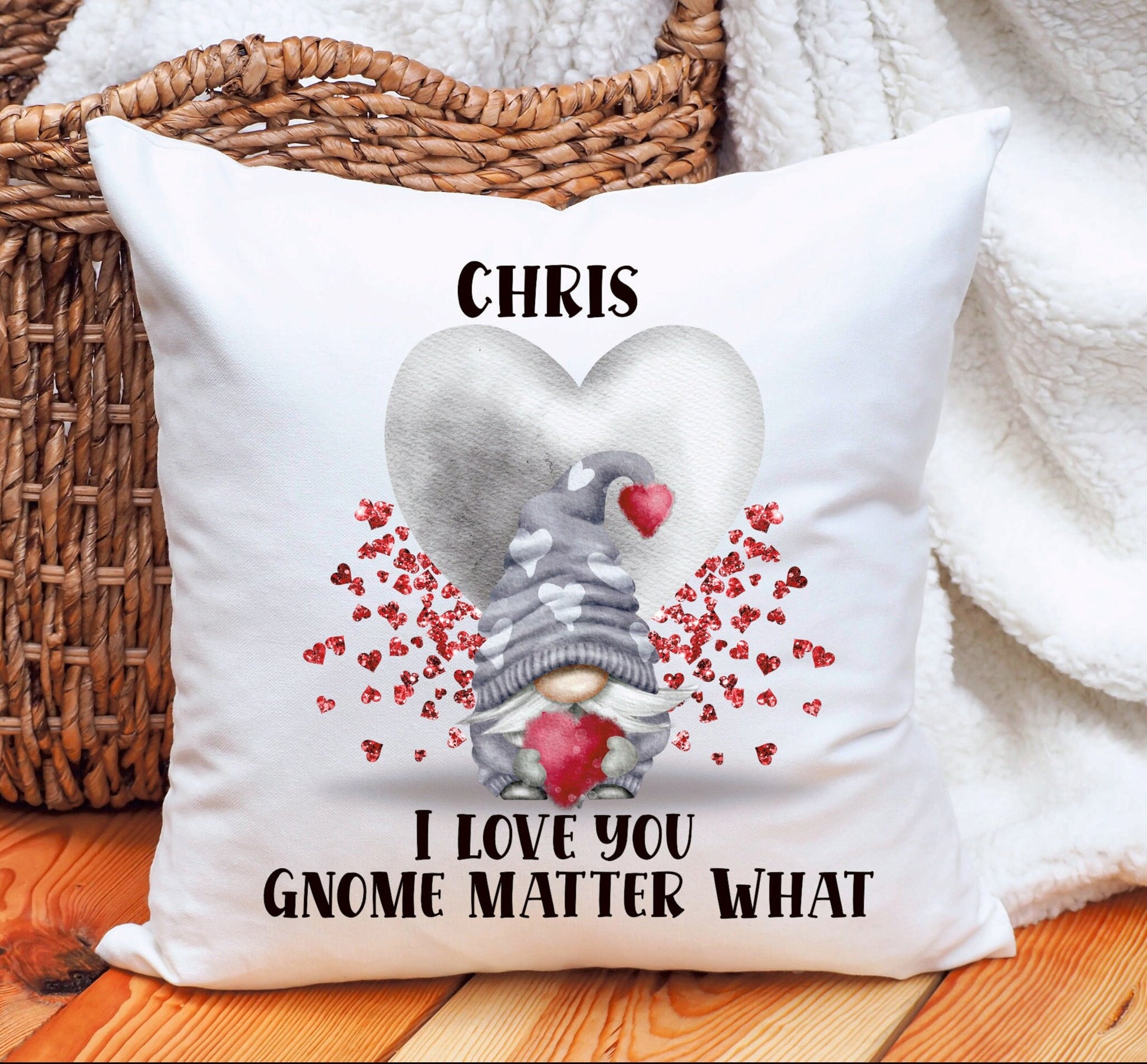 Gnome Valentine Cushion Gift, Personalised Gnome Cushion, Gift For Him, Gift For Her, St Dwynwen's Day Gift, Personalised Gonk Cushion Gift