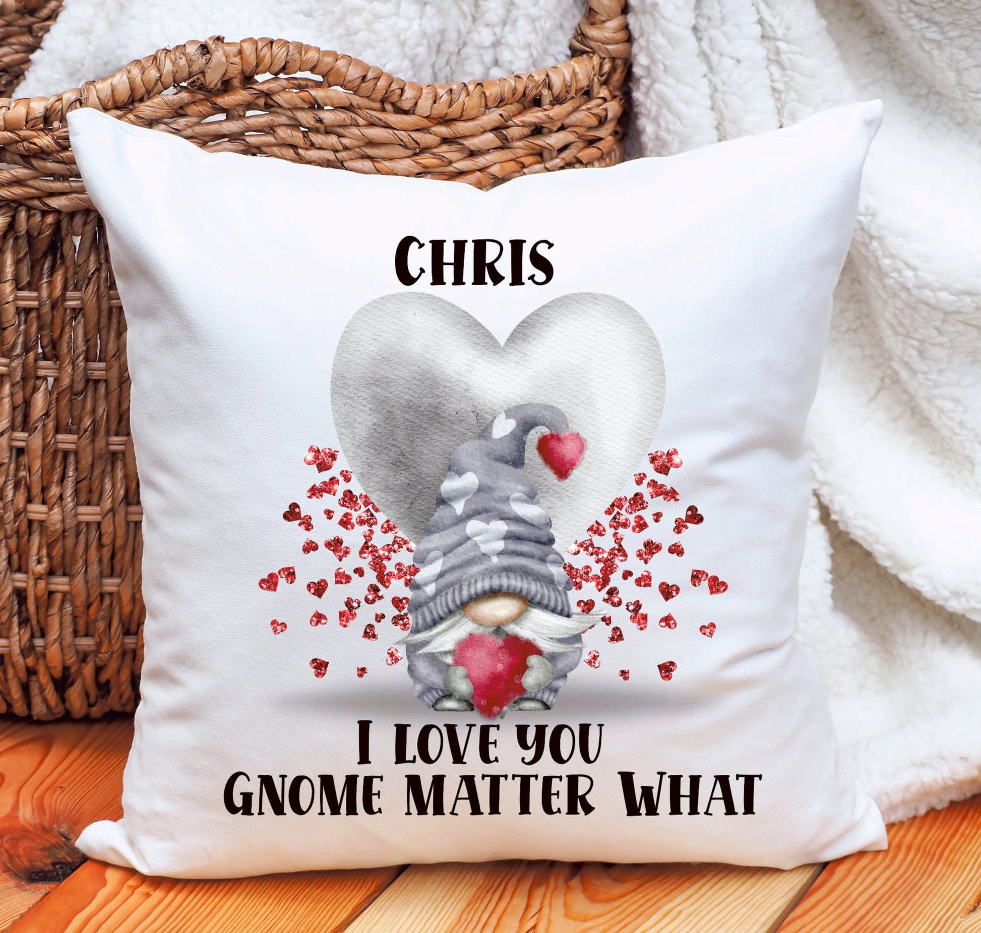 Gnome Valentine Cushion Gift, Personalised Gnome Cushion, Gift For Him, Gift For Her, St Dwynwen's Day Gift, Personalised Gonk Cushion Gift