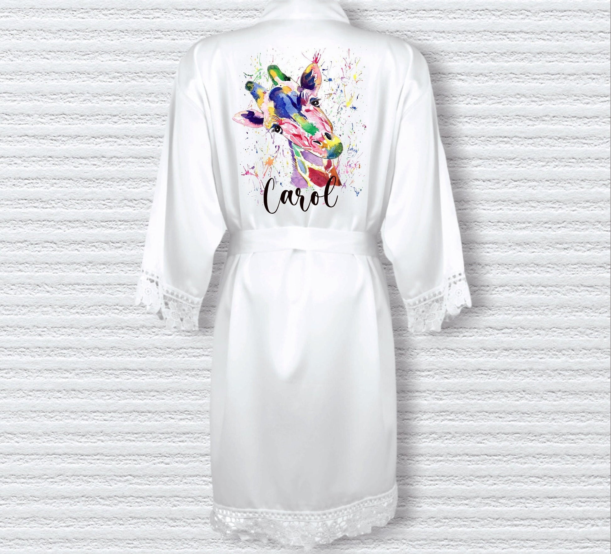 Personalised White Satin Robe, Giraffe Design Robe, Personalised Giraffe Robe, Giraffe Dressing Gown