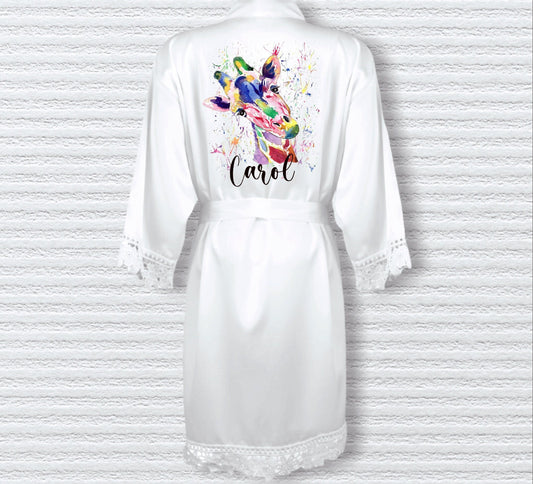 Personalised White Satin Robe, Giraffe Design Robe, Personalised Giraffe Robe, Giraffe Dressing Gown