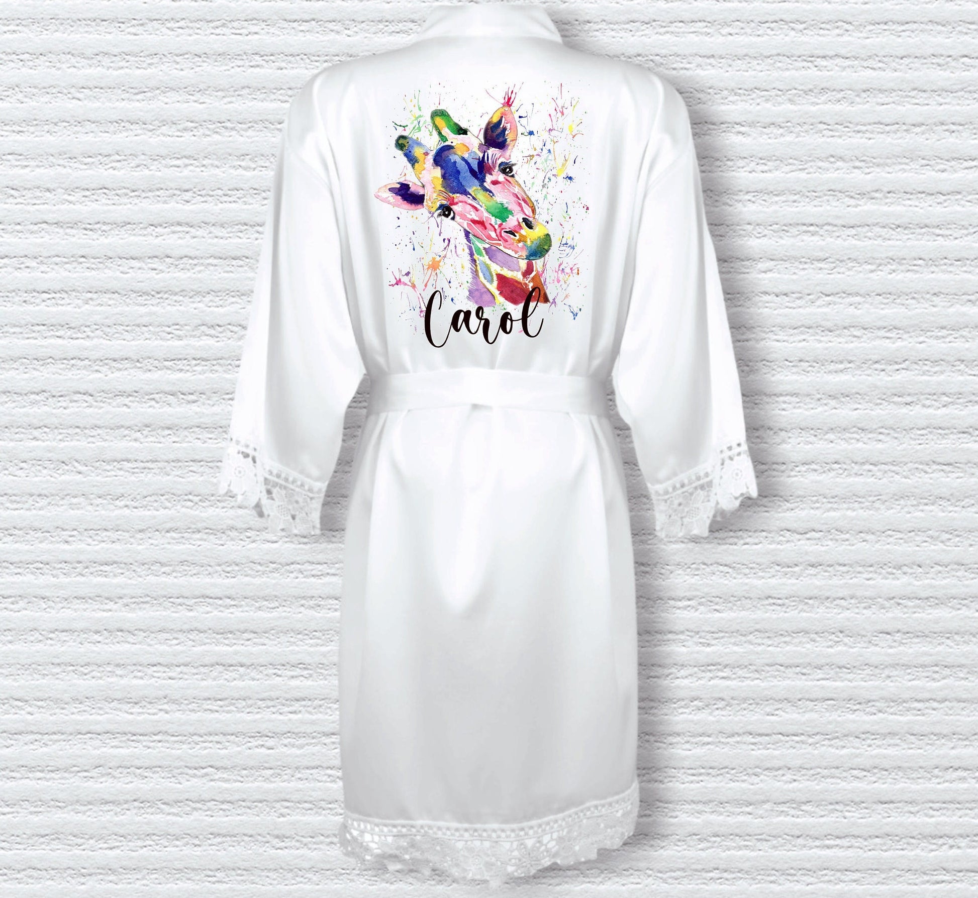 Personalised White Satin Robe, Giraffe Design Robe, Personalised Giraffe Robe, Giraffe Dressing Gown