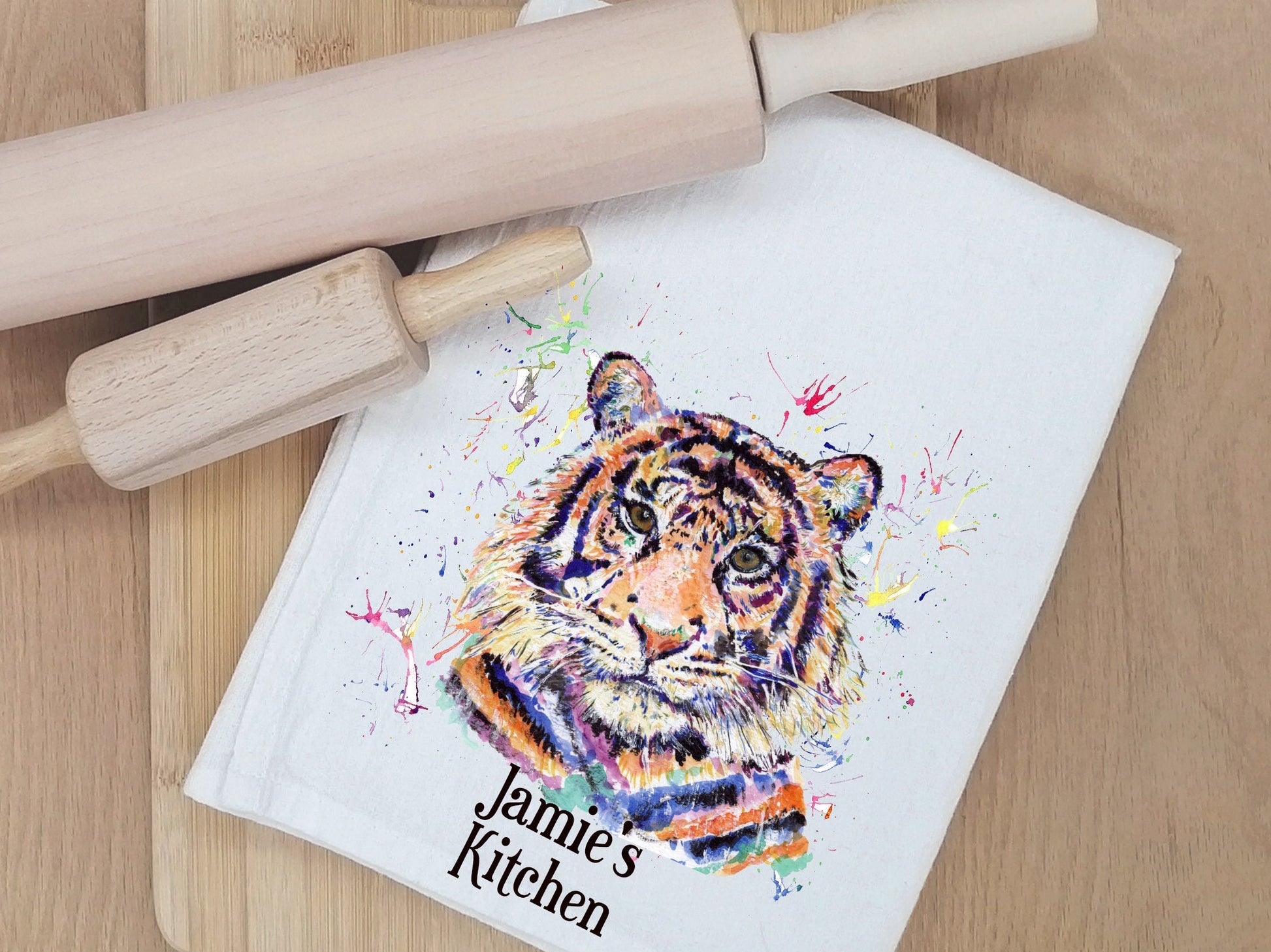 Personalised Tiger T-Towel, Watercolour Tiger T-Towel, Gifts For The Home, Homewear Gifts. Tiger Gifts