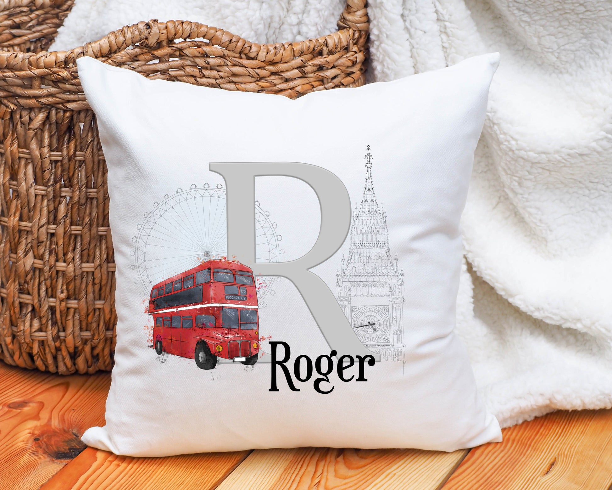Personalised London Bus Cushion, Big Ben Cushion Gift, Personalised Retirement Gift