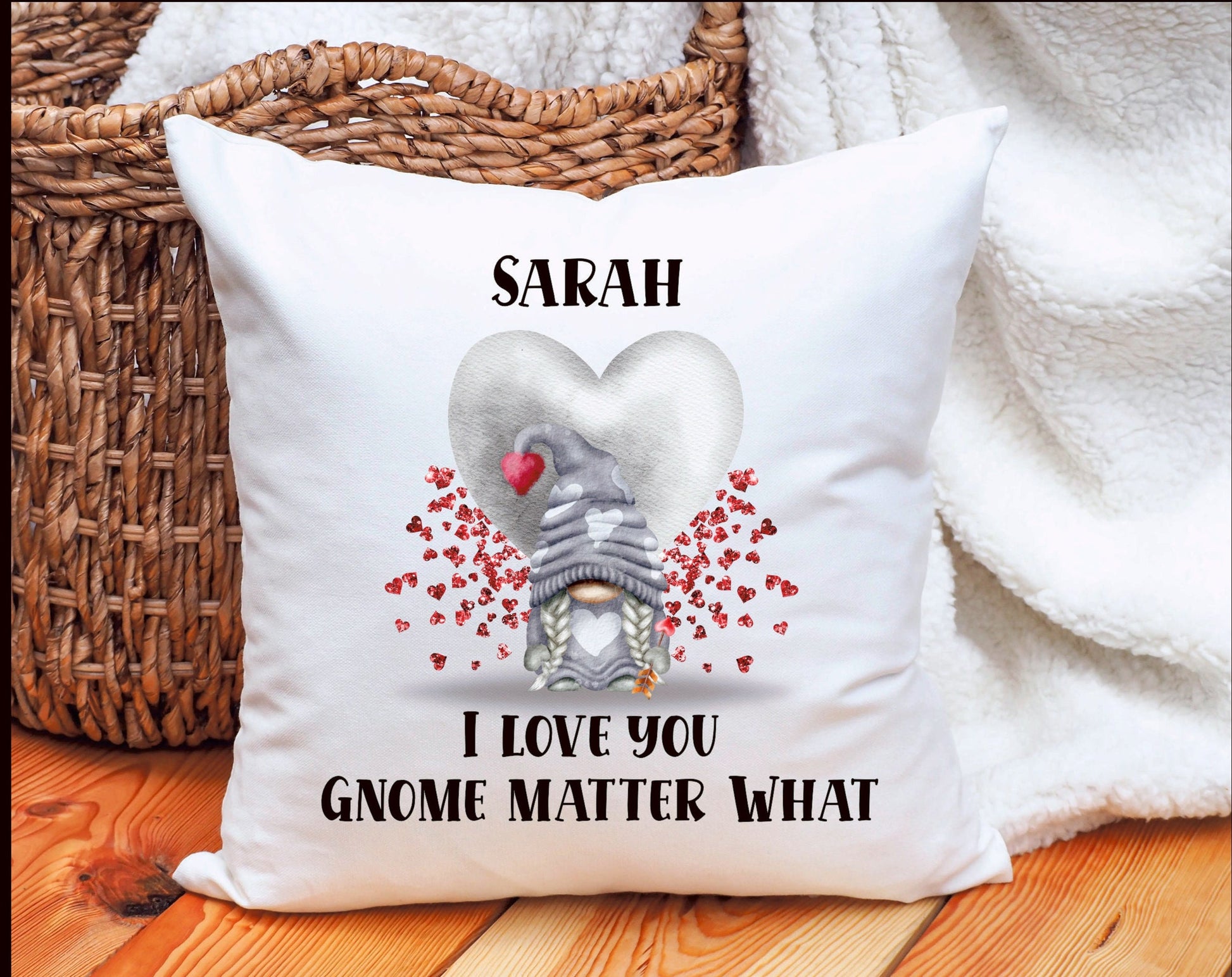Gnome Valentine Cushion Gift, Personalised Gnome Cushion, Gift For Him, Gift For Her, St Dwynwen's Day Gift, Personalised Gonk Cushion Gift