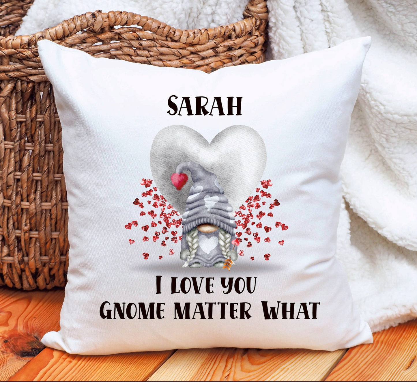 Gnome Valentine Cushion Gift, Personalised Gnome Cushion, Gift For Him, Gift For Her, St Dwynwen's Day Gift, Personalised Gonk Cushion Gift