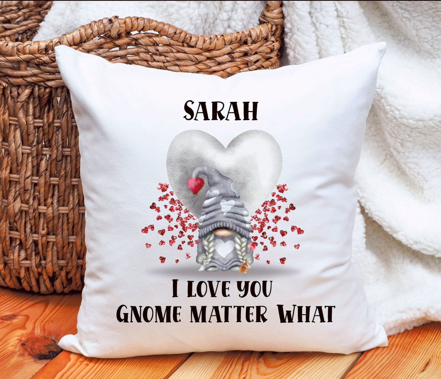 Gnome Valentine Cushion Gift, Personalised Gnome Cushion, Gift For Him, Gift For Her, St Dwynwen's Day Gift, Personalised Gonk Cushion Gift