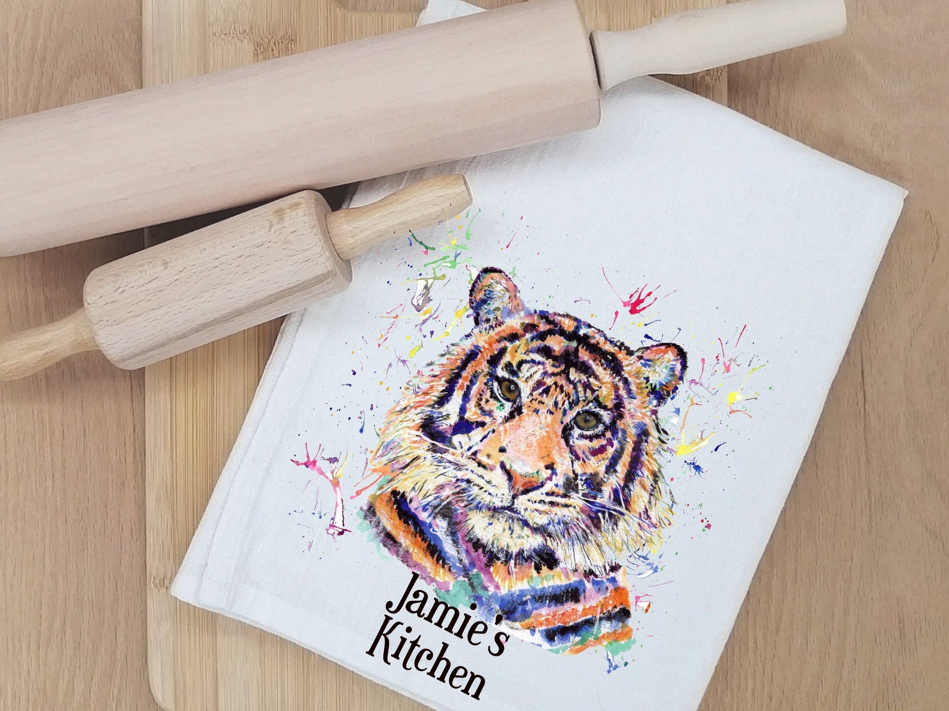 Personalised Tiger T-Towel, Watercolour Tiger T-Towel, Gifts For The Home, Homewear Gifts. Tiger Gifts