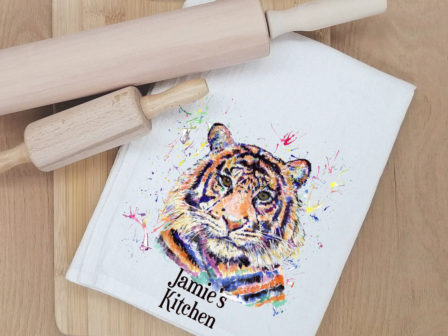Personalised Tiger T-Towel, Watercolour Tiger T-Towel, Gifts For The Home, Homewear Gifts. Tiger Gifts