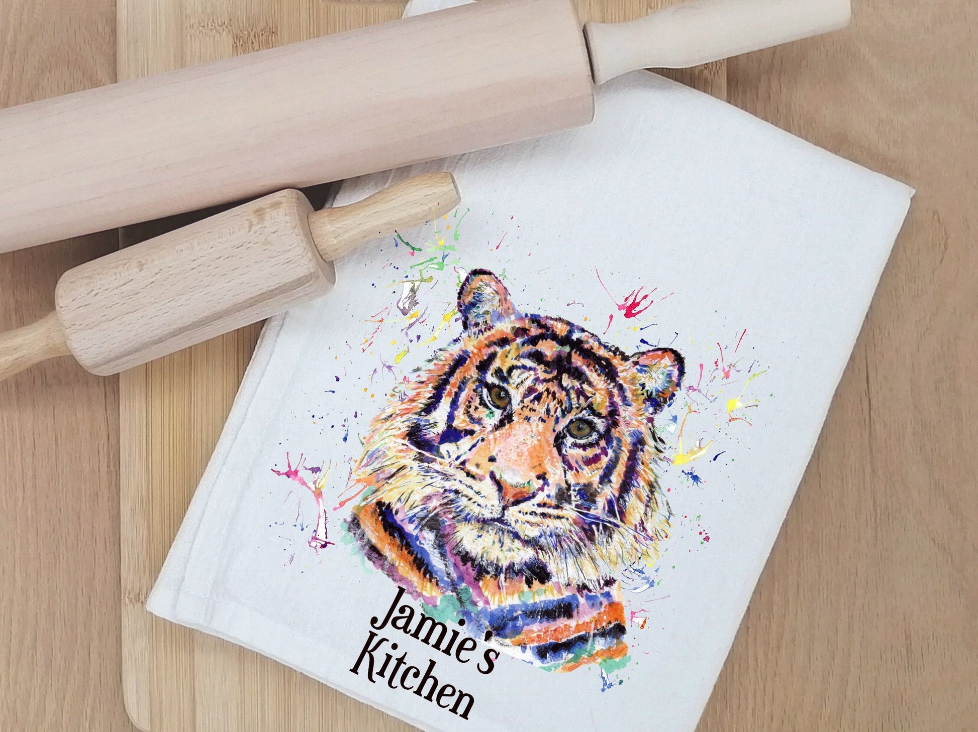 Personalised Tiger T-Towel, Watercolour Tiger T-Towel, Gifts For The Home, Homewear Gifts. Tiger Gifts