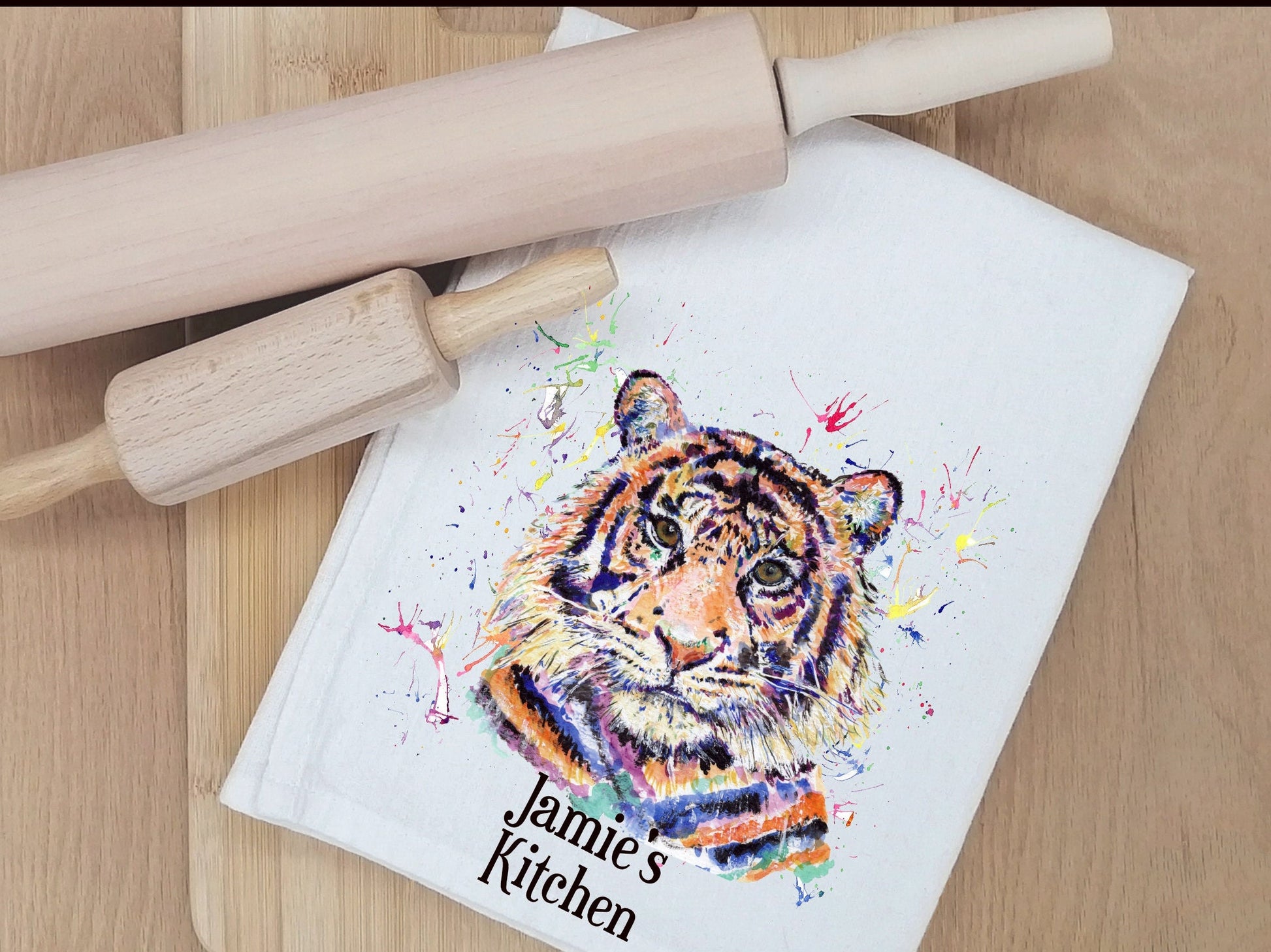 Personalised Tiger T-Towel, Watercolour Tiger T-Towel, Gifts For The Home, Homewear Gifts. Tiger Gifts