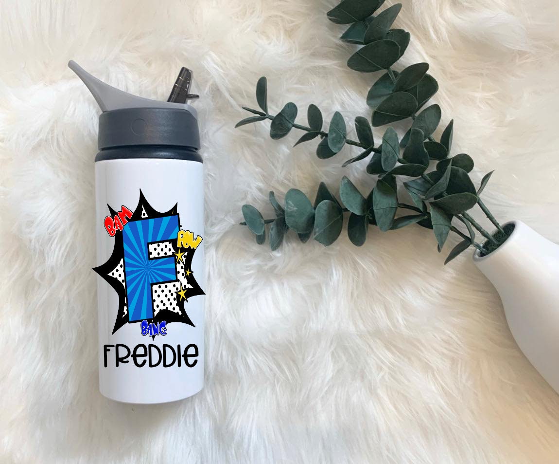 Personalised Superhero Drink Bottle, Kids Water Bottle, Drink Bottle With Handle, Superhero Girl, Superhero Boy, Initial Hero Water Bottle