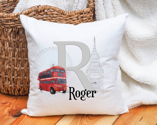 Personalised London Bus Cushion, Big Ben Cushion Gift, Personalised Retirement Gift