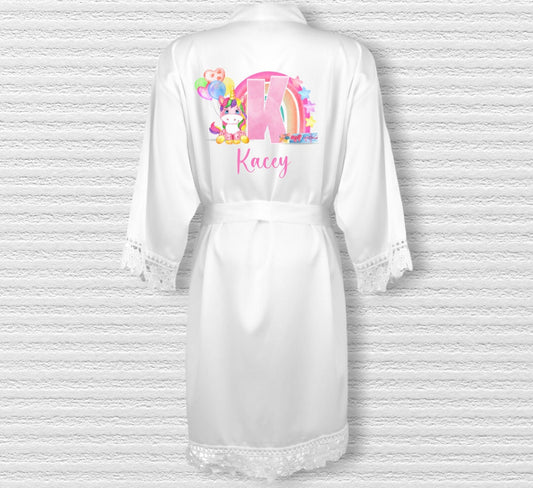 Kids Personalised Dressing Gown, Children's Satin Robe, Unicorn Satin Robe